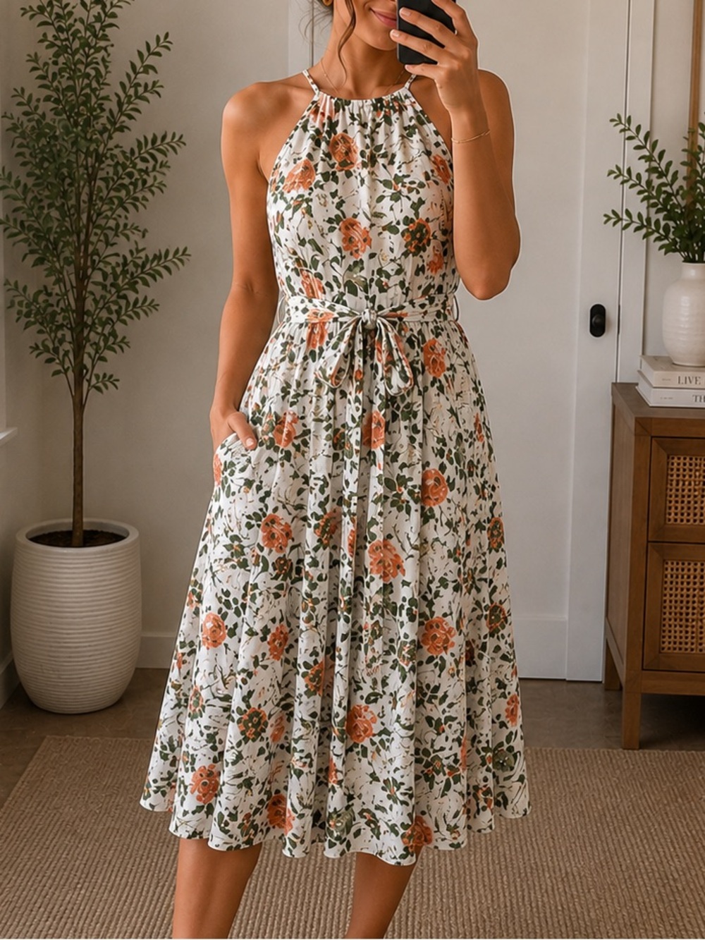 Club Monaco White Floral Midi Dress with Orange and Green Print